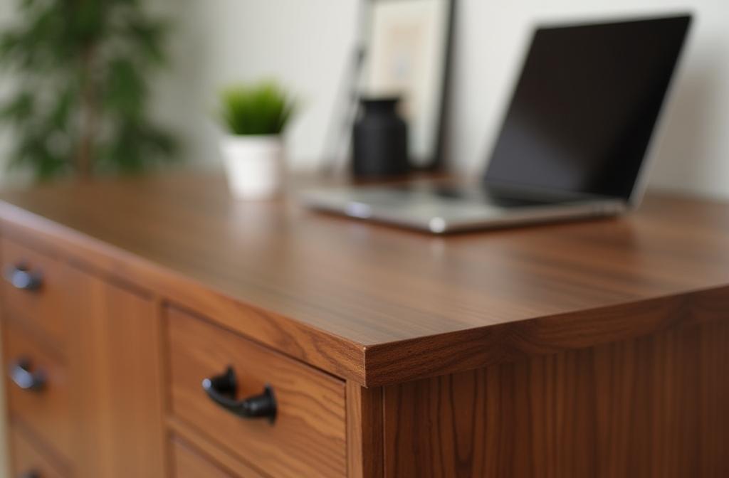Elegant wooden desk with a laptop and plant, representing Studio Arredo Design support services