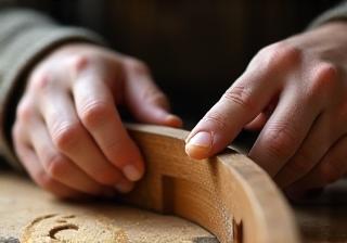 Skilled craftsman working on a detailed wood piece in a workshop
